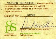 Raymon’s Wurlitzer Master Organ Technician Certification ID No Expiration